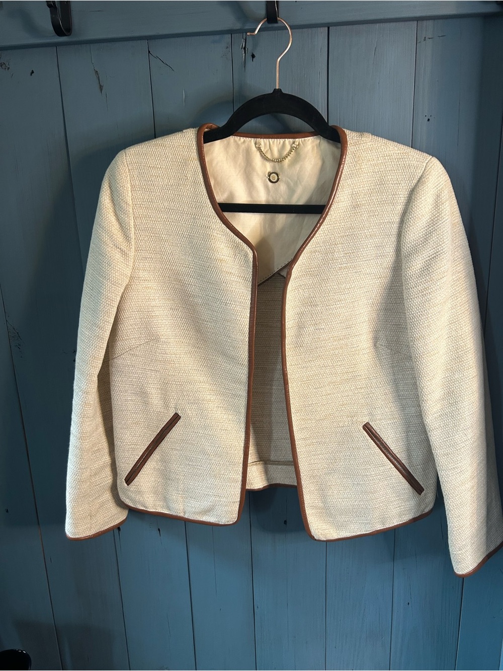 Mossimo Dutti Cream Open-Front Textured Jacket with Brown Trim | US 8 / EUR 40